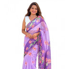 Generic Women's Linen Printed Saree With Unstitched Blouse 5.5MtrÂ (Purple)