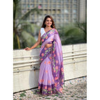 Generic Women's Linen Printed Saree With Unstitched Blouse 5.5MtrÂ (Purple)