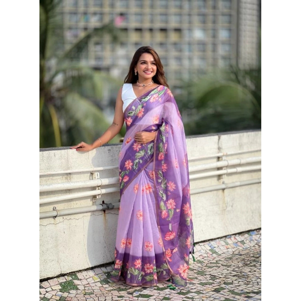 Generic Women's Linen Printed Saree With Unstitched Blouse 5.5MtrÂ (Purple)