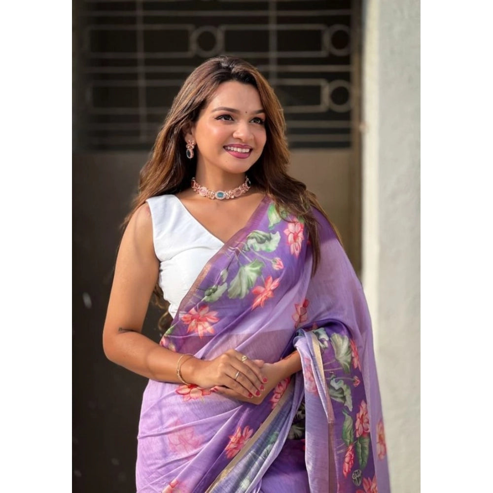 Generic Women's Linen Printed Saree With Unstitched Blouse 5.5MtrÂ (Purple)