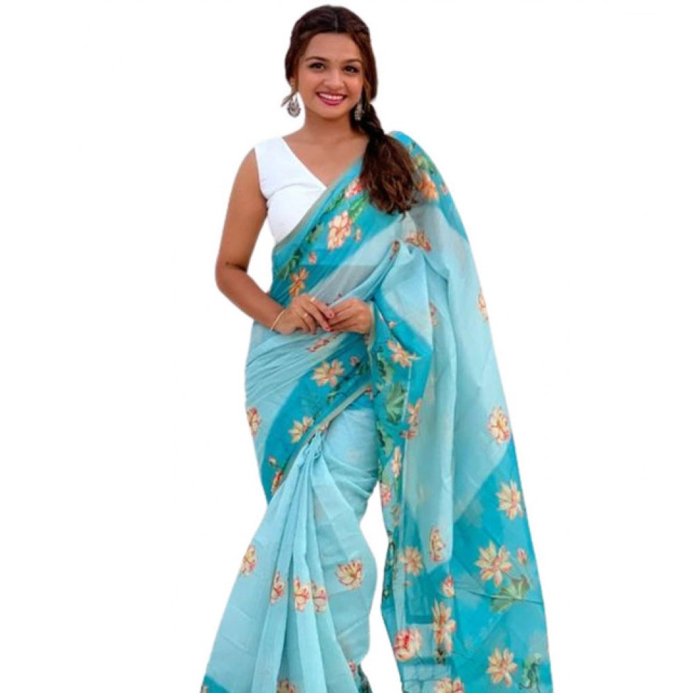 Generic Women's Linen Printed Saree With Unstitched Blouse 5.5MtrÂ (Aqua)