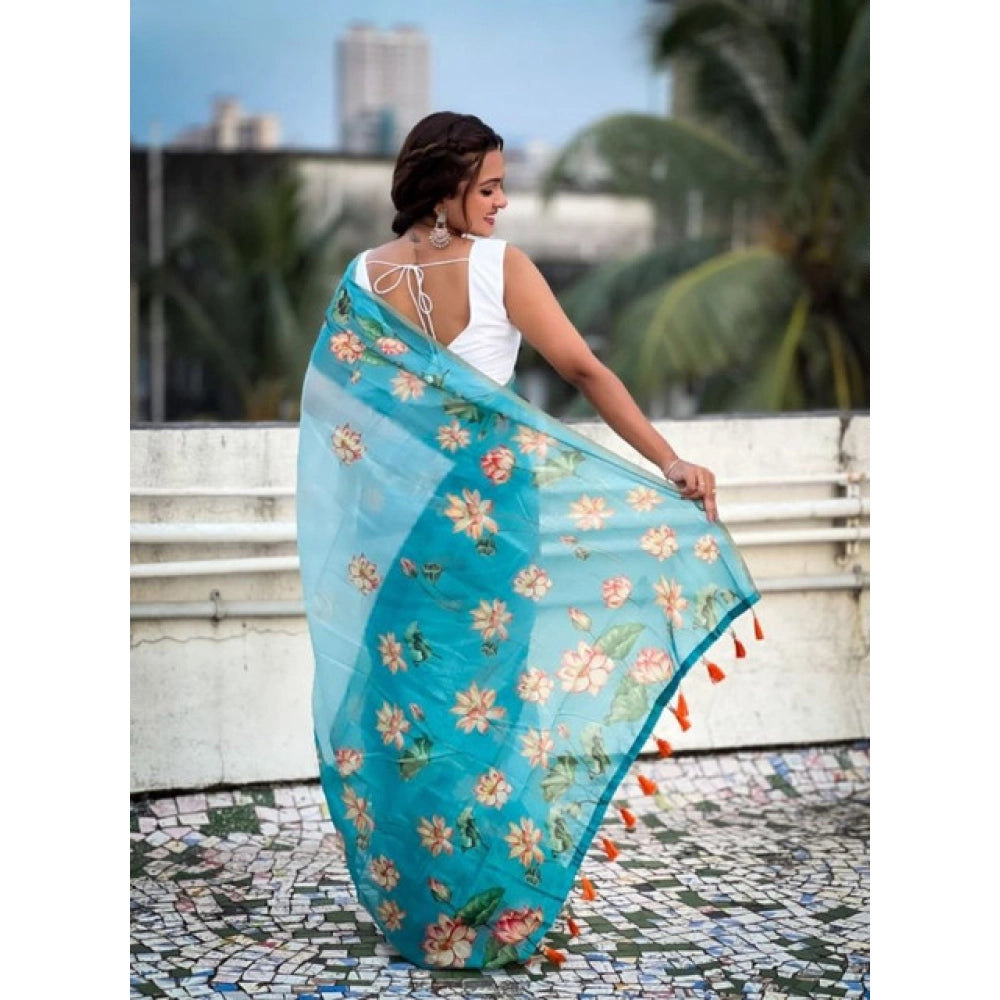 Generic Women's Linen Printed Saree With Unstitched Blouse 5.5MtrÂ (Aqua)