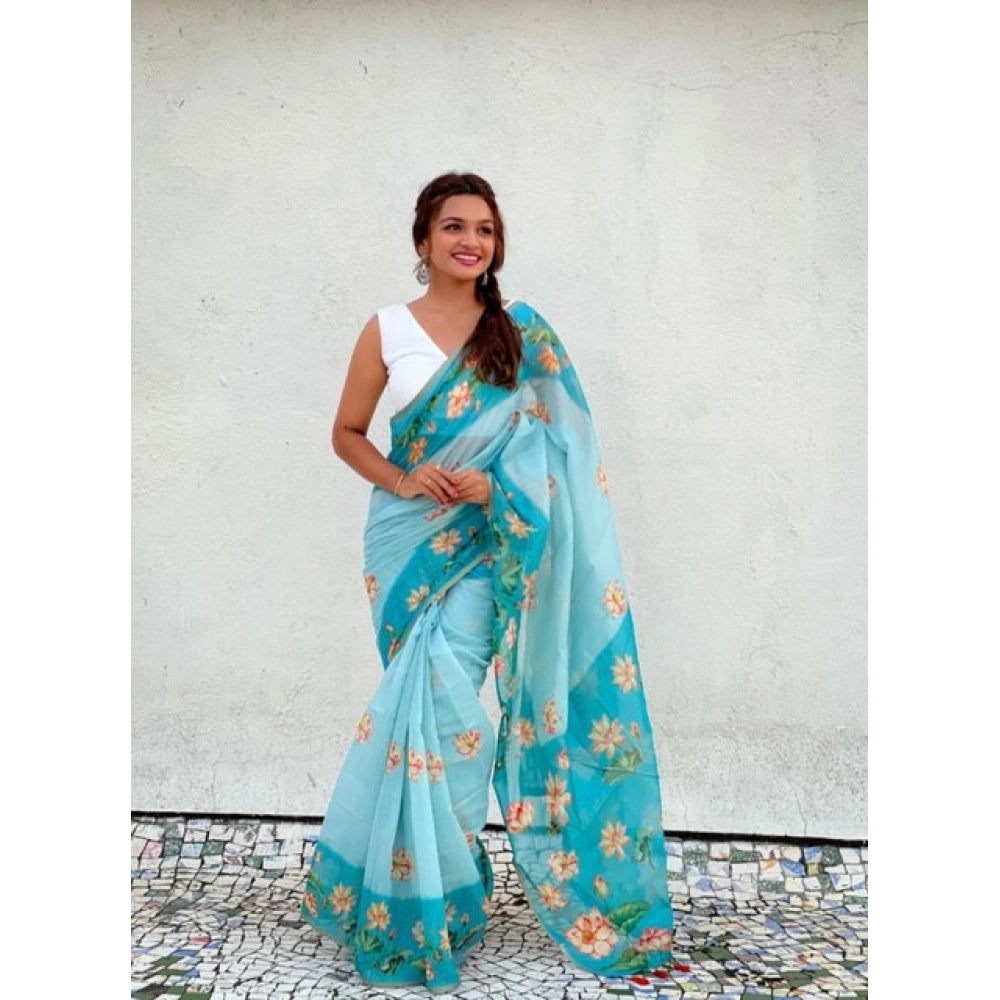 Generic Women's Linen Printed Saree With Unstitched Blouse 5.5MtrÂ (Aqua)