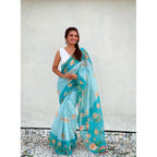 Generic Women's Linen Printed Saree With Unstitched Blouse 5.5MtrÂ (Aqua)