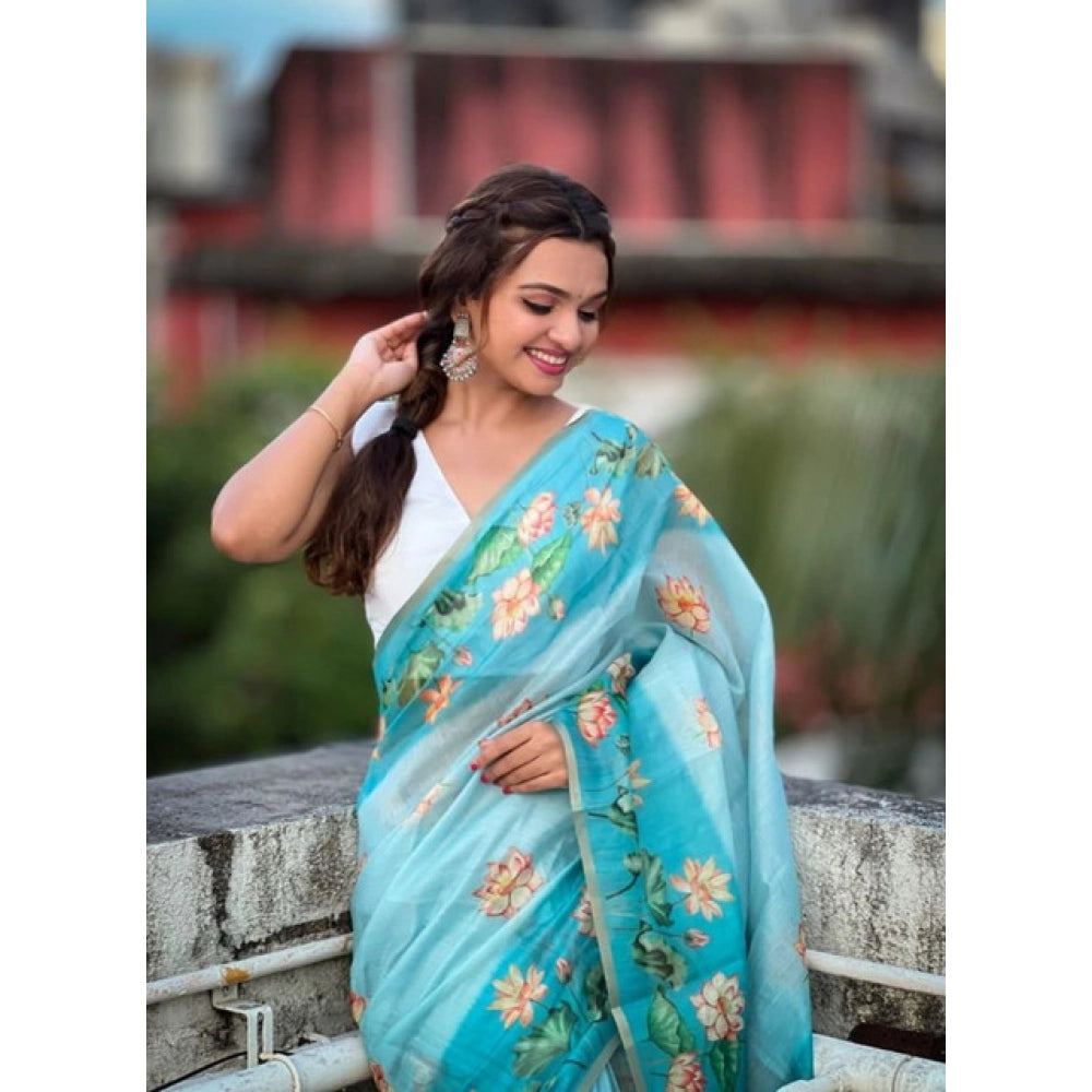 Generic Women's Linen Printed Saree With Unstitched Blouse 5.5MtrÂ (Aqua)