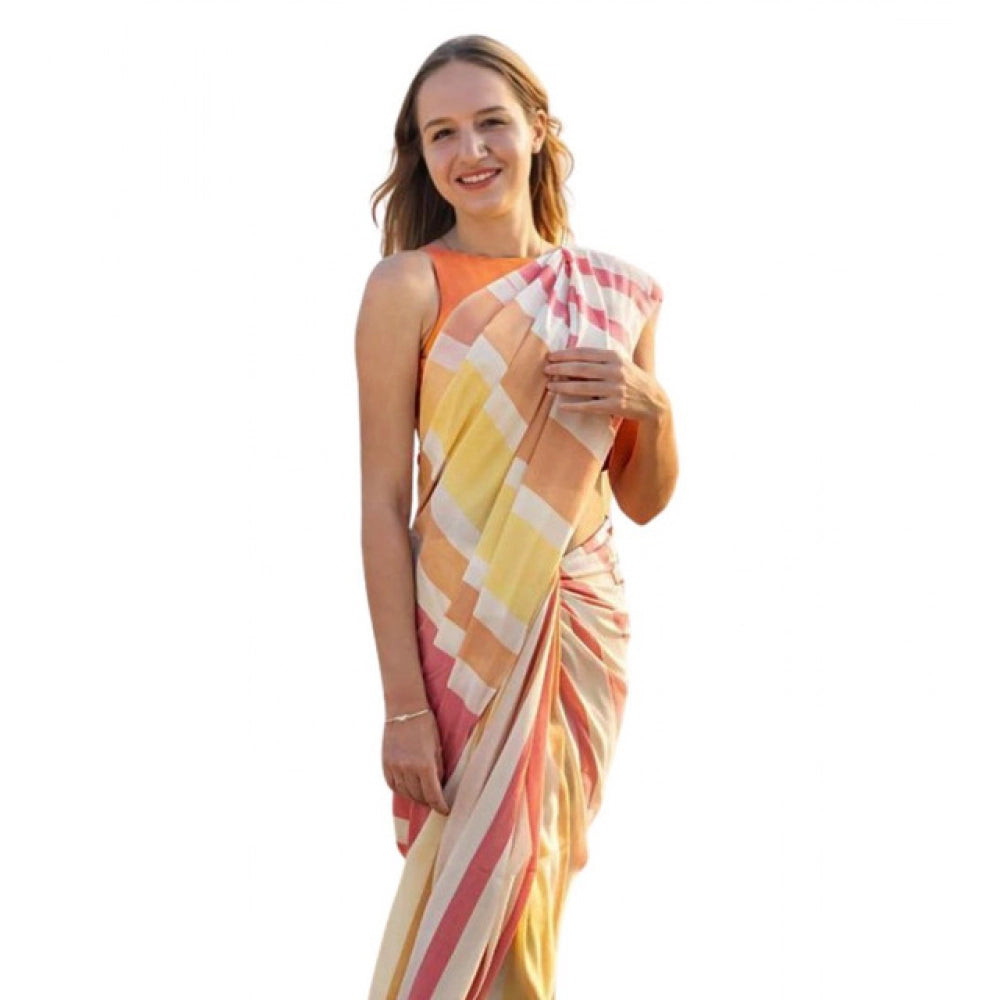 Generic Women's Linen Printed Saree With Unstitched Blouse 5.5MtrÂ (Yellow)