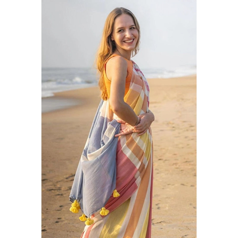 Generic Women's Linen Printed Saree With Unstitched Blouse 5.5MtrÂ (Yellow)