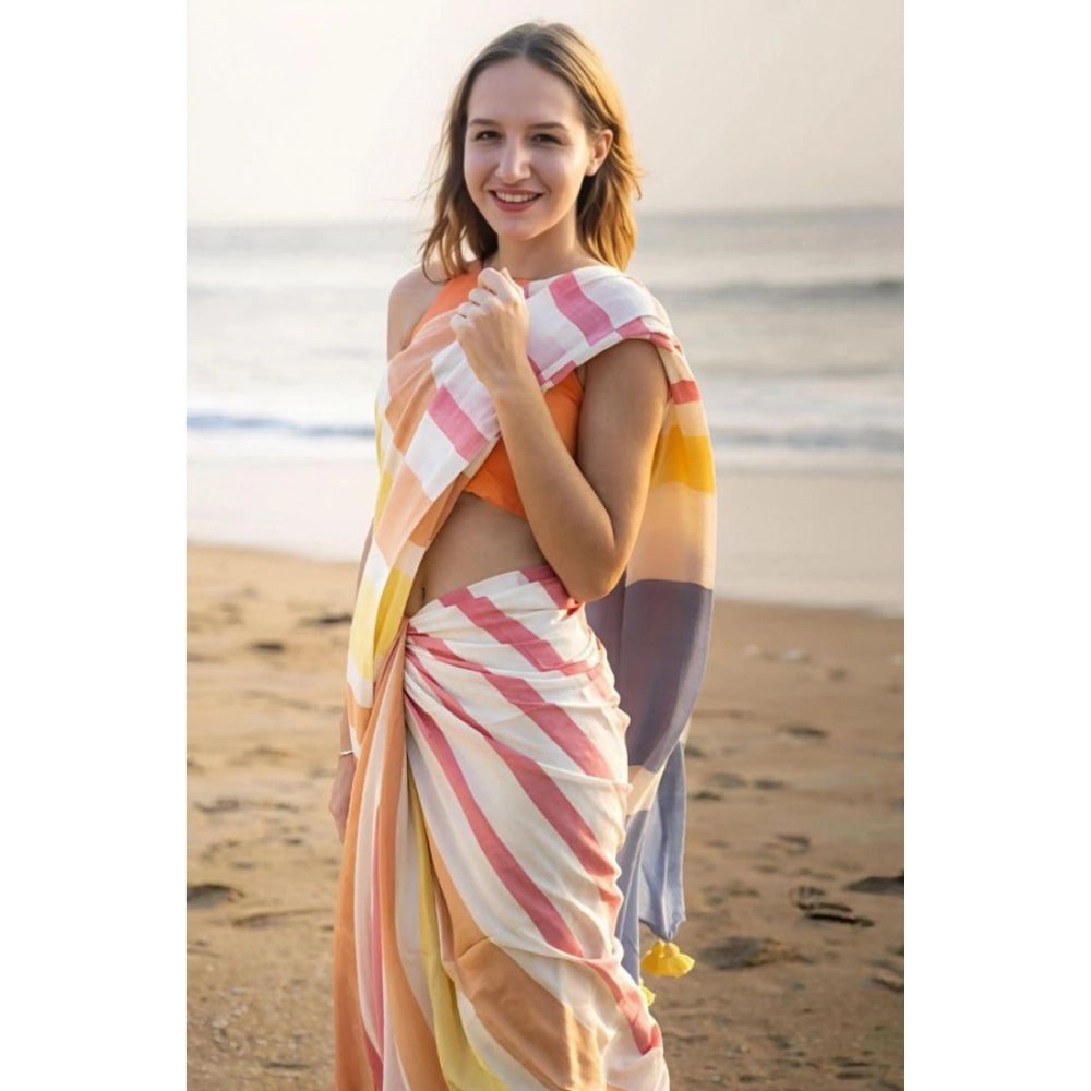 Generic Women's Linen Printed Saree With Unstitched Blouse 5.5MtrÂ (Yellow)