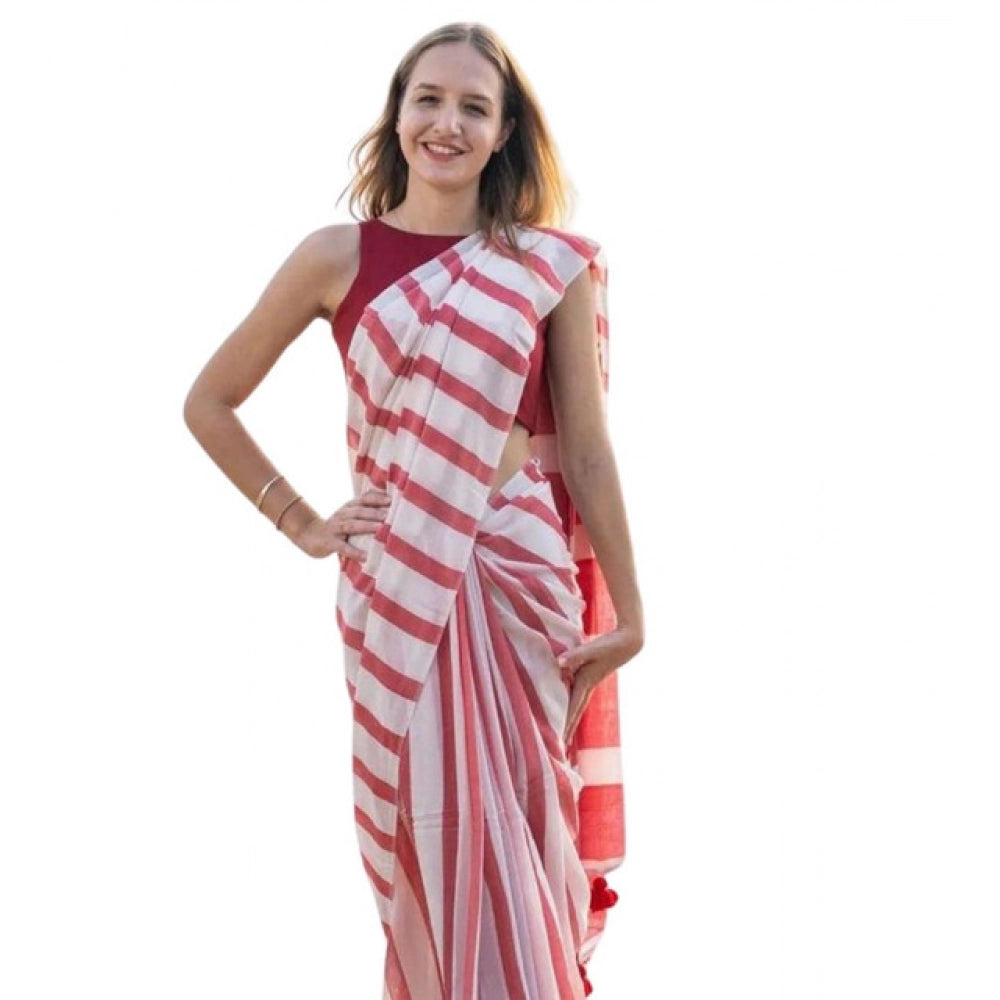 Generic Women's Linen Printed Saree With Unstitched Blouse 5.5MtrÂ (Red)