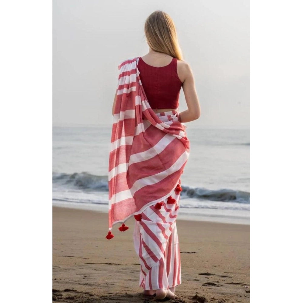 Generic Women's Linen Printed Saree With Unstitched Blouse 5.5MtrÂ (Red)