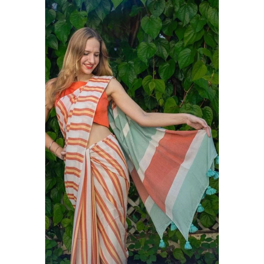 Generic Women's Linen Printed Saree With Unstitched Blouse 5.5MtrÂ (Orange)