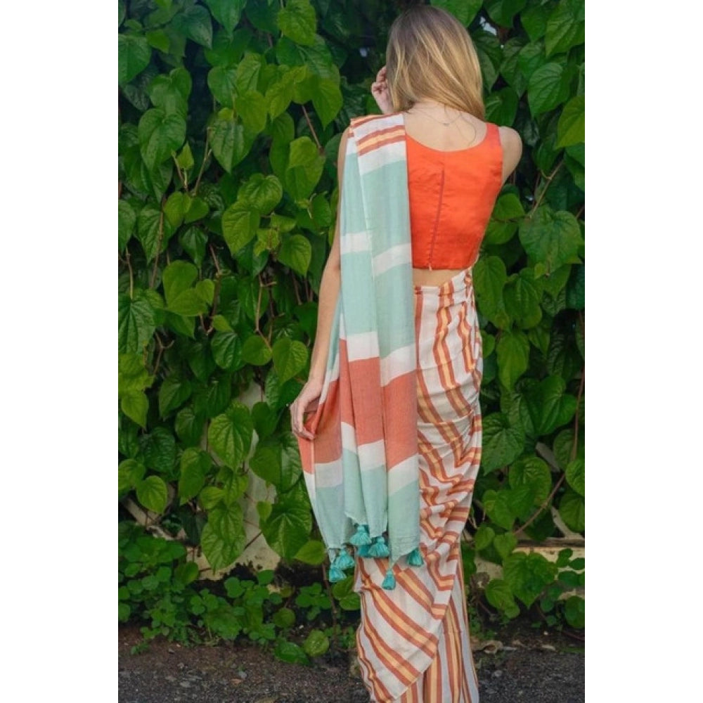 Generic Women's Linen Printed Saree With Unstitched Blouse 5.5MtrÂ (Orange)
