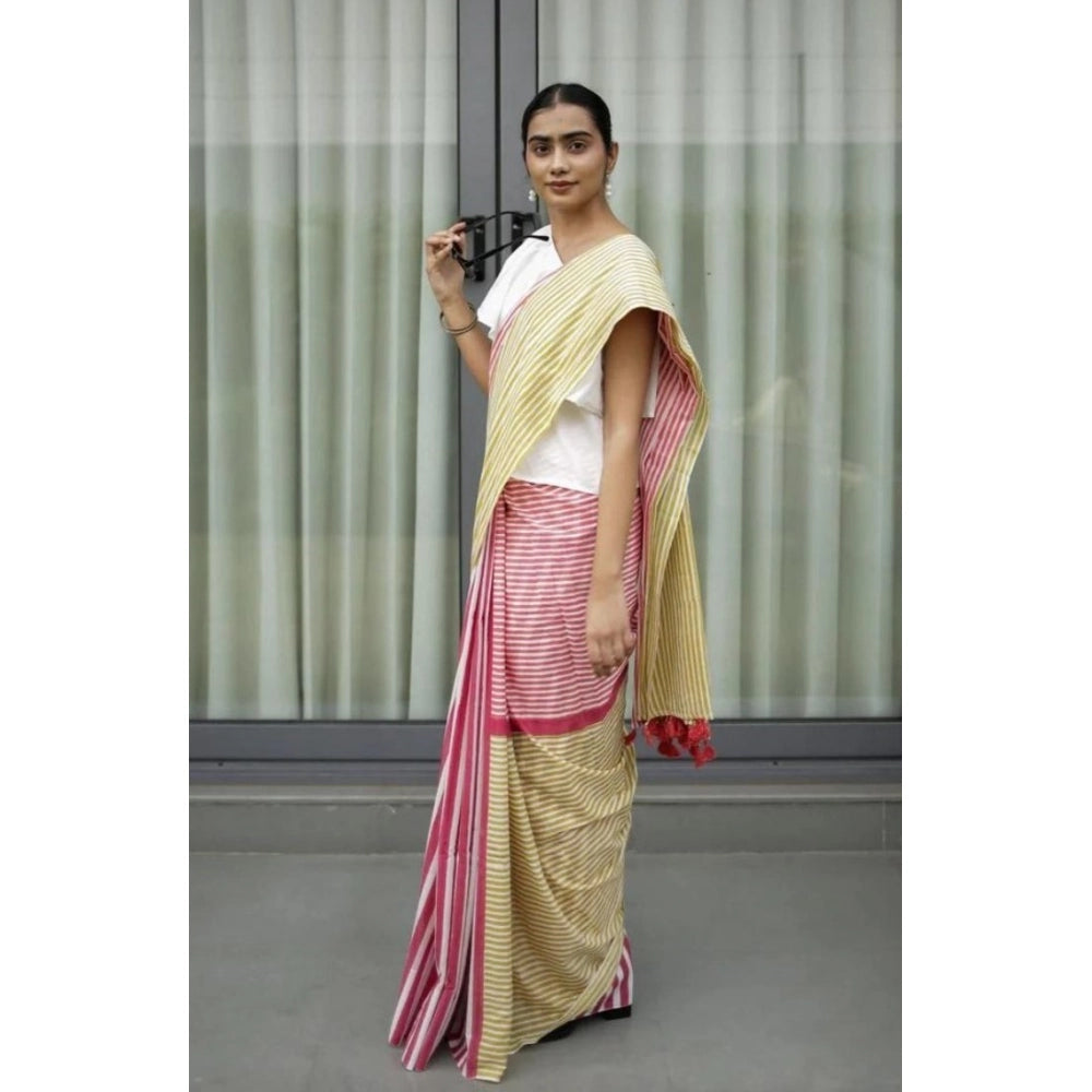 Generic Women's Linen Printed Saree With Unstitched Blouse 5.5MtrÂ (Yellow)