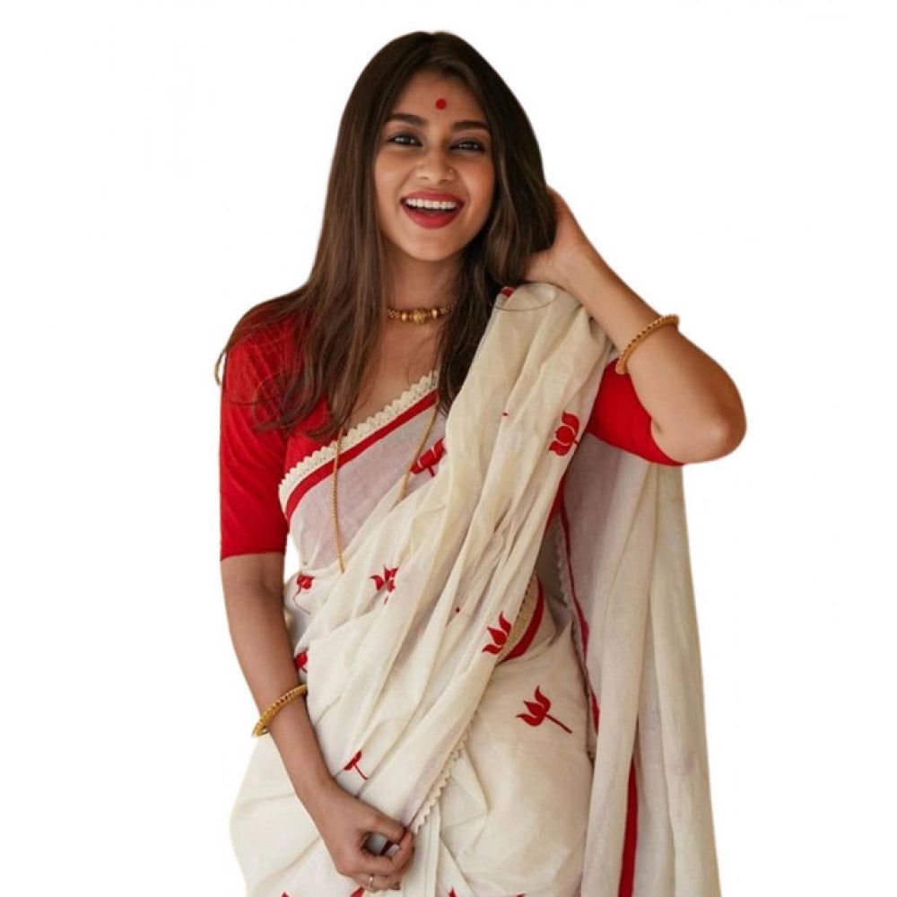 Generic Women's Linen Printed Saree With Unstitched Blouse 5.5MtrÂ (White)
