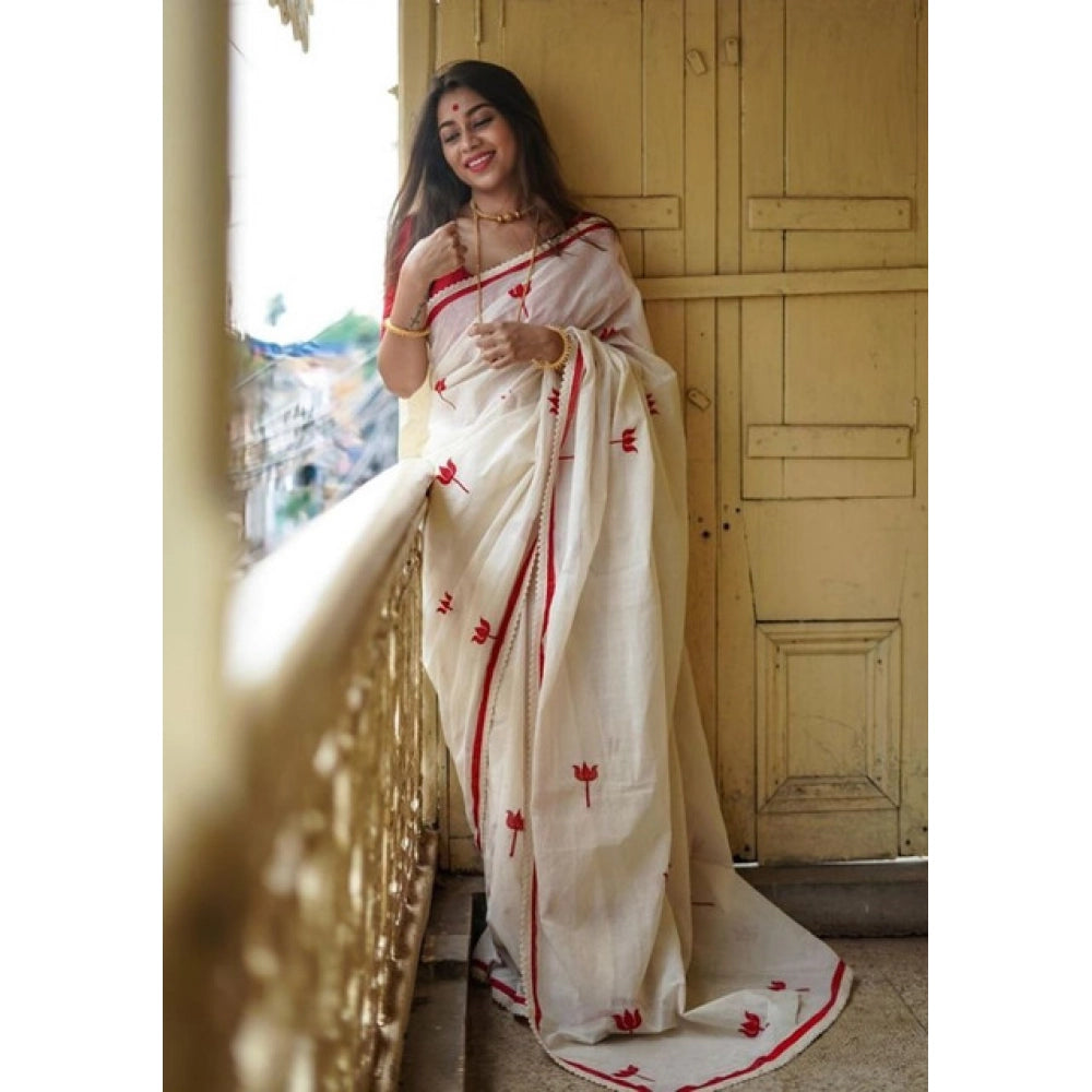 Generic Women's Linen Printed Saree With Unstitched Blouse 5.5MtrÂ (White)