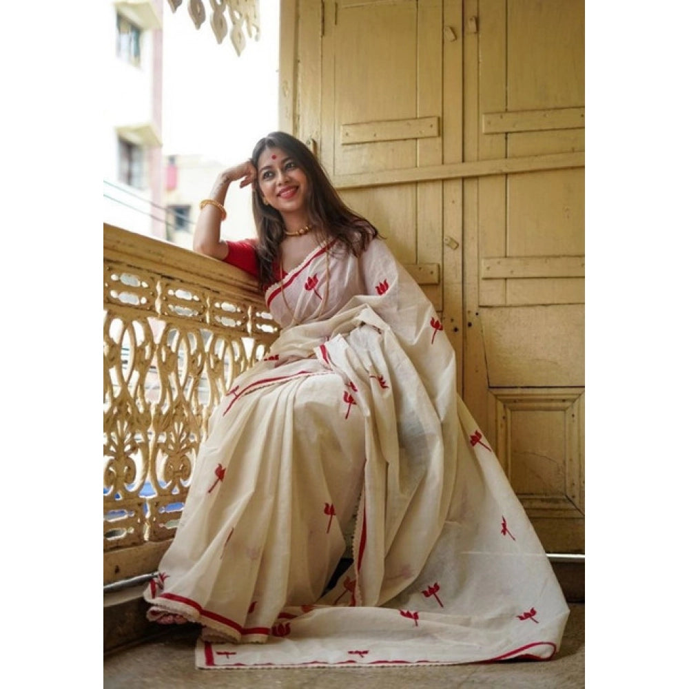 Generic Women's Linen Printed Saree With Unstitched Blouse 5.5MtrÂ (White)