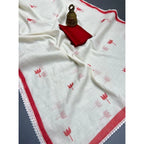 Generic Women's Linen Printed Saree With Unstitched Blouse 5.5MtrÂ (White)