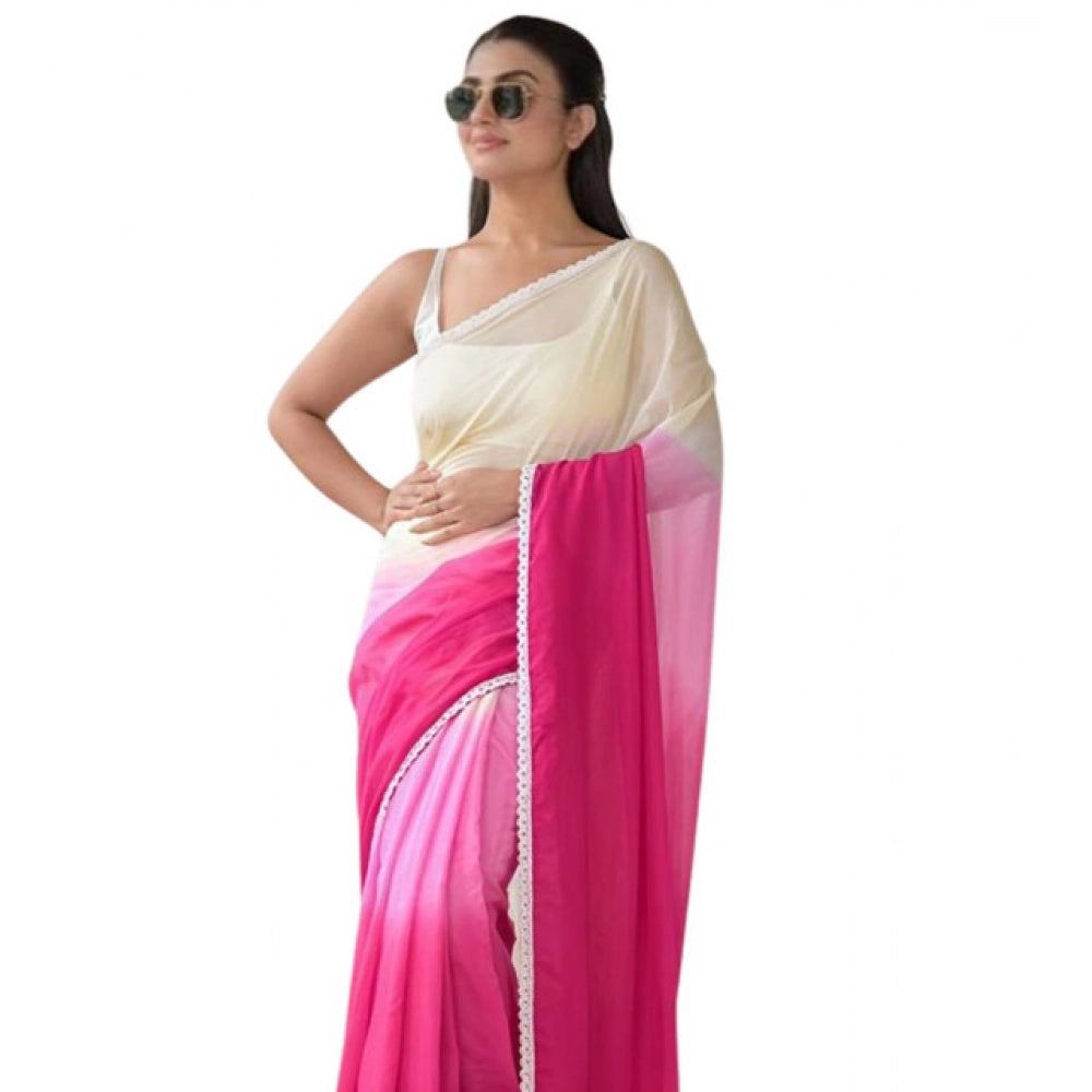 Generic Women's Linen Printed Saree With Unstitched Blouse 5.5MtrÂ (Pink)