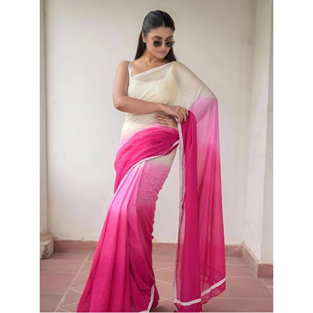 Generic Women's Linen Printed Saree With Unstitched Blouse 5.5MtrÂ (Pink)