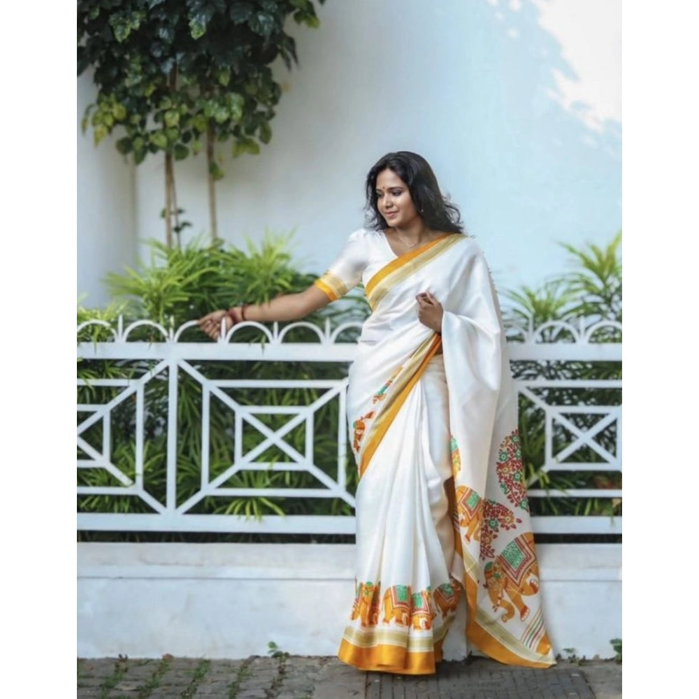 Generic Women's Linen Printed Saree With Unstitched Blouse 5.5MtrÂ (White)