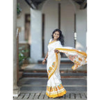 Generic Women's Linen Printed Saree With Unstitched Blouse 5.5MtrÂ (White)