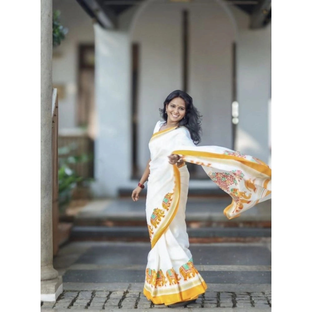Generic Women's Linen Printed Saree With Unstitched Blouse 5.5MtrÂ (White)