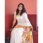 Generic Women's Linen Printed Saree With Unstitched Blouse 5.5MtrÂ (White)
