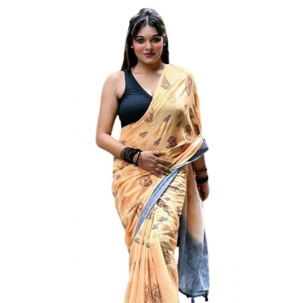 Generic Women's Linen Printed Saree With Unstitched Blouse 5.5MtrÂ (Peach)
