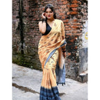 Generic Women's Linen Printed Saree With Unstitched Blouse 5.5MtrÂ (Peach)