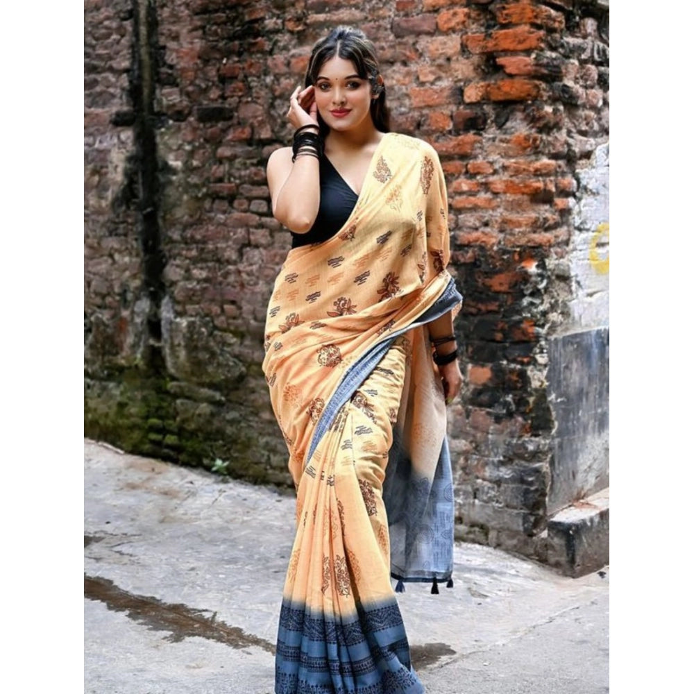 Generic Women's Linen Printed Saree With Unstitched Blouse 5.5MtrÂ (Peach)
