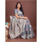 Generic Women's Linen Cotton Printed Saree With Unstitched Blouse 5.5Mtr (Grey)