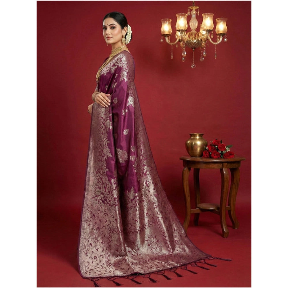 Generic Women's Silk Blend Printed Saree With Unstitched Blouse 5.5Mtr (Purple)