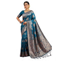  Women's Silk Blend Printed Saree With Unstitched Blouse 5.5Mtr (Teal Blue)