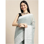 Generic Women's Linen Printed Saree With Unstitched Blouse 5.5Mtr (Sea Green)