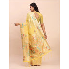Generic Women's Linen Cotton Printed Saree With Unstitched Blouse 5.5Mtr (Yellow)