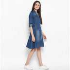Generic Women's Denim Solid Roll Up Sleeve Dress (Blue)