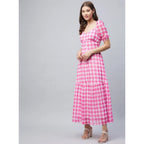 Generic Women's Polyester Georgette Checkered Half Sleeve Dress (Pink)