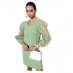 Generic Women's Organza And Polyester Lycra Solid Long Sleeves Dress (Green)