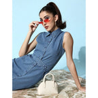 Generic Women's Denim Solid Sleeveless Dress (Blue)