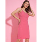 Generic Women's Polyester Lycra Solid Shoulder Straps Dress (Pink)