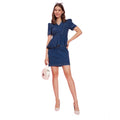  Women's Denim Solid Puff Sleeves Dress (Blue)