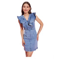  Women's Denim Solid Flutter Sleeve Dress (Blue)
