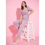 Generic Women's Polyester Lycra Solid Puff Sleeve Jumpsuit (Lavender)
