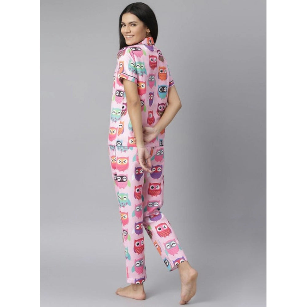 Generic Women's Cotton Blend Printed Short Sleeve Night Suit (Pink)
