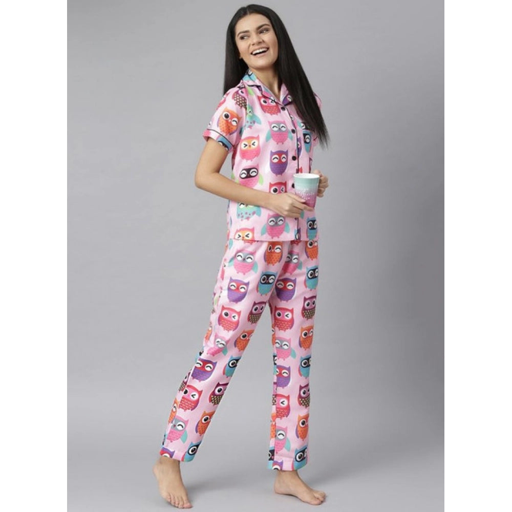 Generic Women's Cotton Blend Printed Short Sleeve Night Suit (Pink)