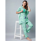 Generic Women's Rayon Floral Kaftan Sleeve Night Suit (Green - Blue)