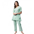 Generic Women's Rayon Floral Kaftan Sleeve Night Suit (Green - Pink)