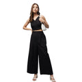  Women's Cotton Linen Solid Sleeveless Crop Top and Palazzo Set (Black)