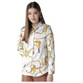  Women's Satin Printed Long Sleeves Shirt (White-Gold)