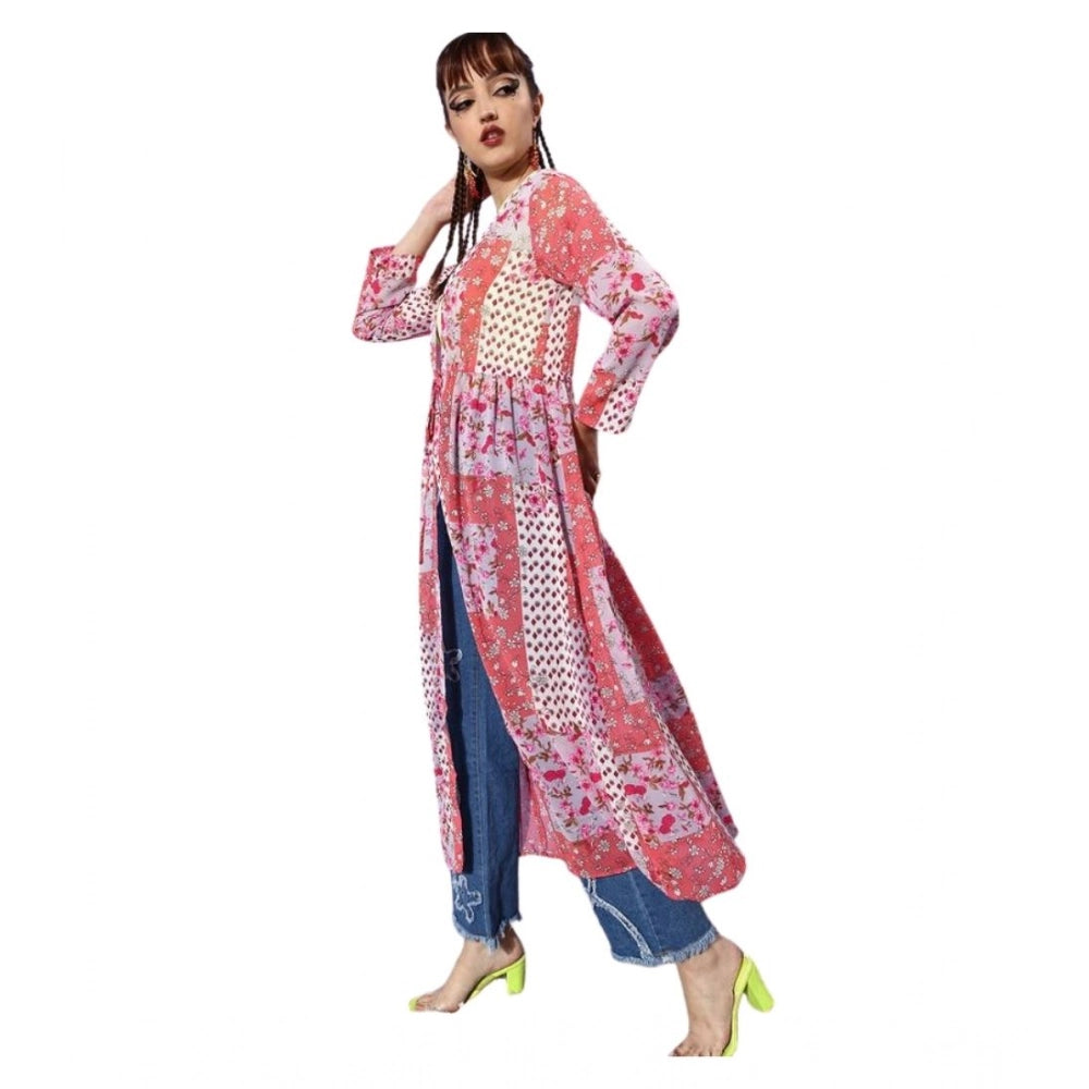 Generic Women's Polyester Floral Long Sleeves Shrug (Pink-Coral)